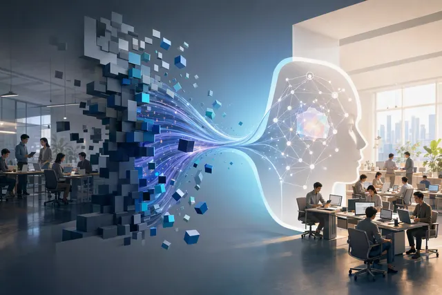 Editorial illustration of ByteDance’s enterprise AI reorganization connecting Doubao, Feishu and Volcano Engine
