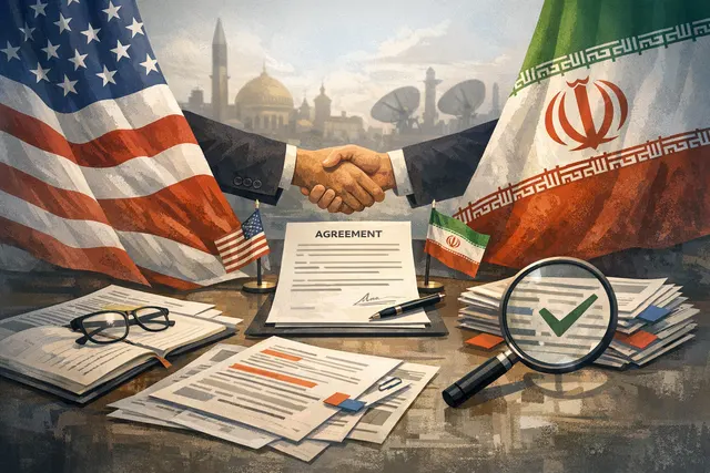 Digital illustration of US and Iranian flags representing the diplomatic negotiations and asset release agreement