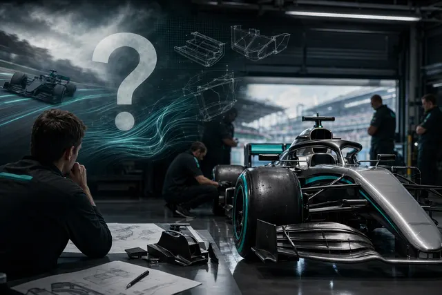 AI-generated editorial illustration for a story about Mercedes’ W17 upgrade and its qualifying struggles at Sepang