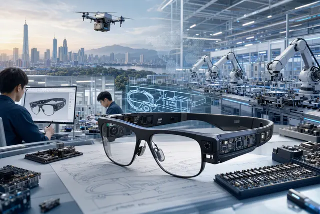 Editorial illustration of Dongguan’s AI hardware and intelligent manufacturing ecosystem