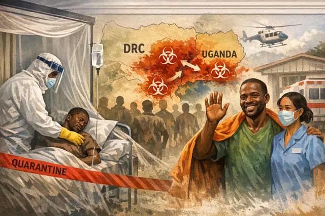 Map and data overlay showing the 2026 Ebola outbreak caused by the Bundibugyo virus across the DRC and Uganda.