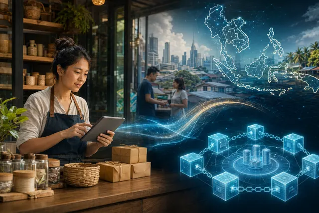 Concept illustration of AI-driven fintech lending and blockchain liquidity for small businesses