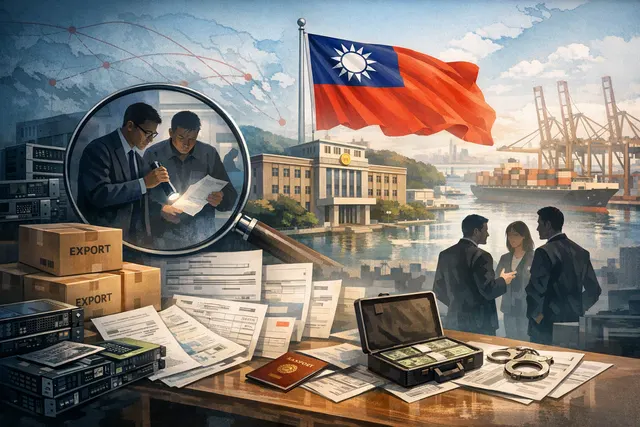 Illustration of Nvidia AI chips and Super Micro servers involved in Taiwan’s alleged export-control investigation