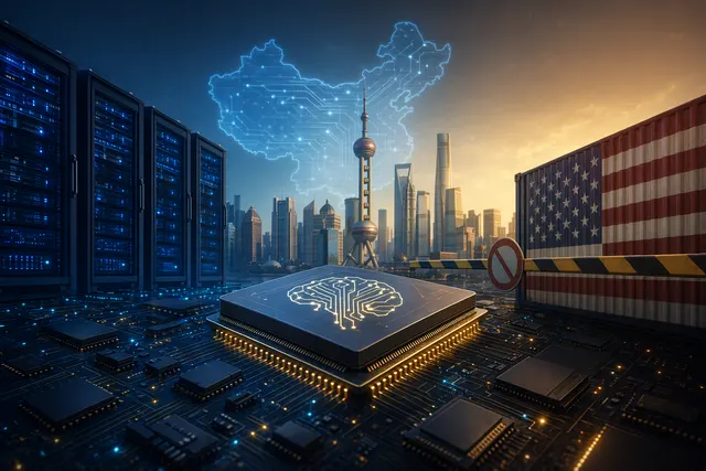 Illustration of China’s AI chip strategy showing domestic processors competing with Nvidia GPUs
