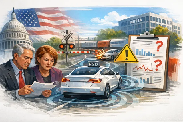 Conceptual illustration of a Tesla vehicle with Full Self-Driving technology under regulatory scrutiny alongside financial charts showing market activity