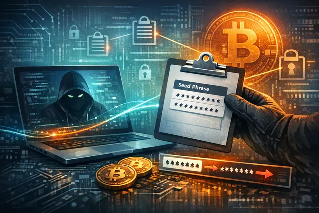 Abstract digital illustration of a cryptocurrency wallet address being intercepted and replaced by malware, with Tor network nodes and USB drive symbols in the background