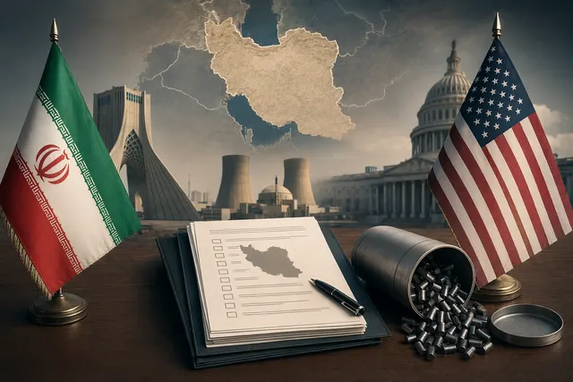 Illustration of diplomacy and nuclear negotiations involving Iran, uranium transfer, and international mediation