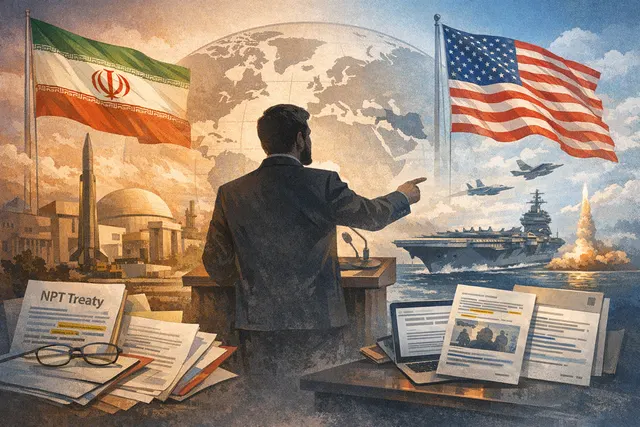 An AI-generated image representing the escalating US-Iran military conflict and the threat of NPT withdrawal in 2026.