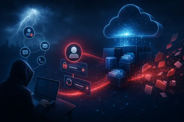 Illustration of a cloud security breach involving Microsoft 365 and Azure identity systems