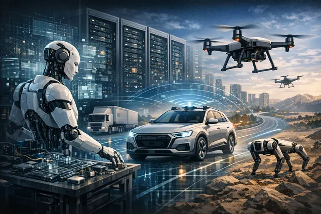 Conceptual illustration of Nvidia physical AI powering humanoid robots and autonomous vehicles