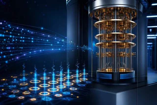 Editorial illustration of IBM Nighthawk r2 quantum processor architecture and high-speed qubit reset