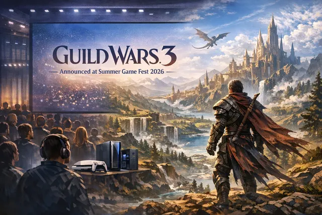 Hero image for the Guild Wars 3 Summer Game Fest 2026 announcement, depicting the fantasy landscape of Orr.