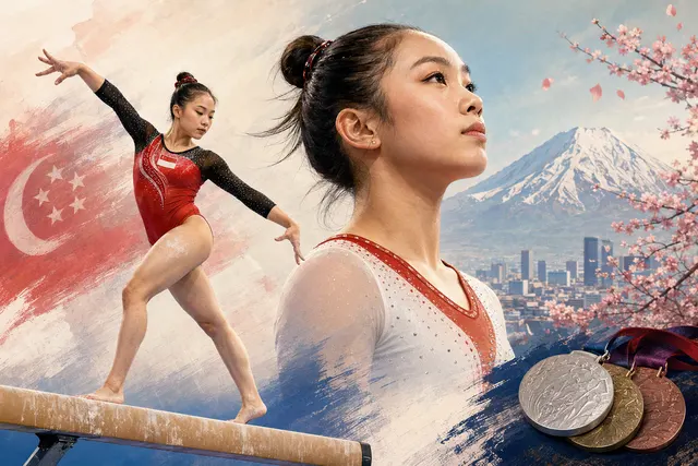 AI-generated editorial image accompanying a story about gymnast Amanda Yap