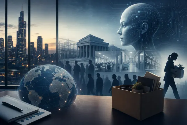 Editorial illustration representing AI-linked workforce reductions across technology and finance