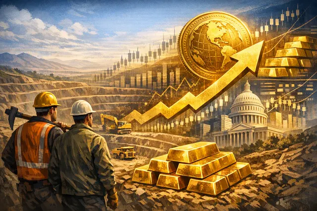 Gold bars beside a rising chart representing the surge in gold miner ETFs