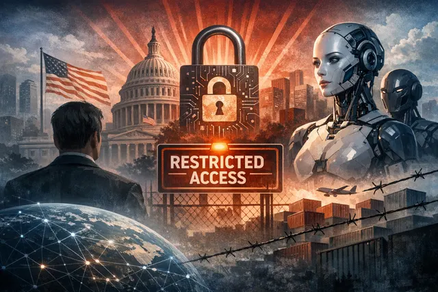Illustration of the Claude Fable 5 and Mythos 5 AI models being shut down by an export control order