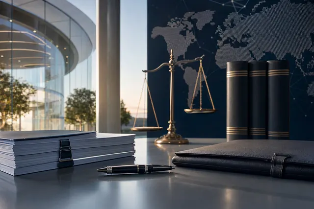 Editorial illustration accompanying Apple’s hiring of Meta legal executive Scott Tucker to lead global litigation.