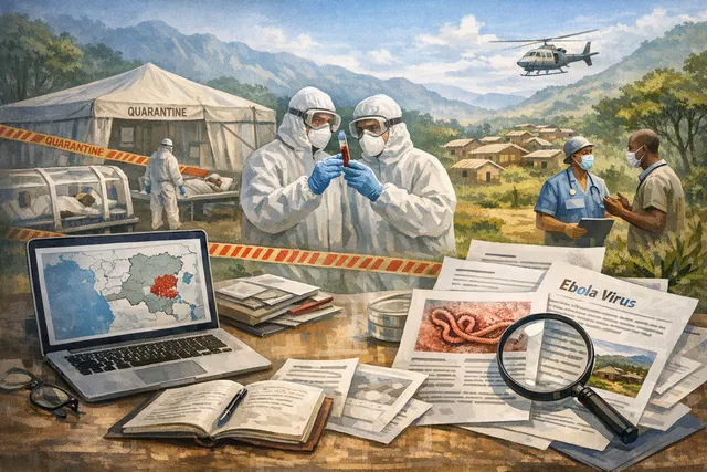 AI-generated editorial visualization of the 2026 Bundibugyo Ebola outbreak in the Democratic Republic of Congo