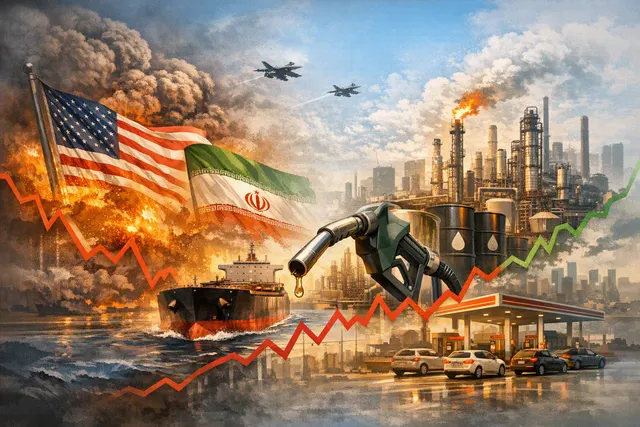AI-generated editorial illustration of an oil tanker, refinery and disrupted shipping route during a global fuel crisis