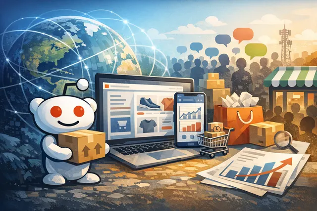 Abstract graphic representing the integration between Reddit's discussion platform and Shopify's ecommerce infrastructure, symbolizing the connection of community and commerce.