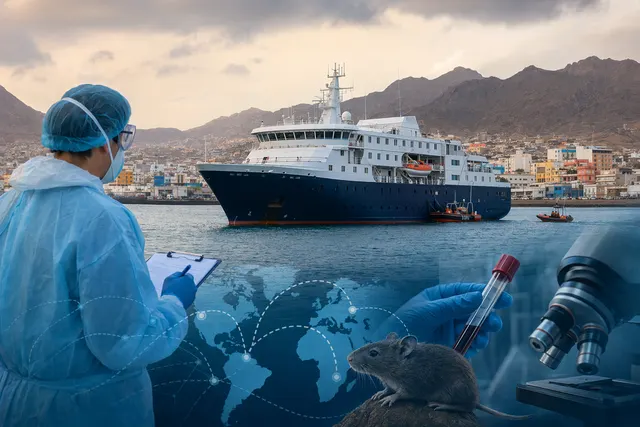 Illustration of a cruise ship outbreak investigation involving hantavirus testing and international laboratories