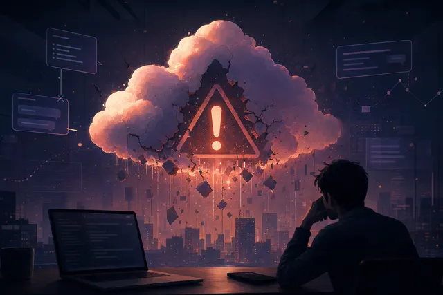 Abstract editorial illustration of Claude service outage alerts across web, API, and developer tools
