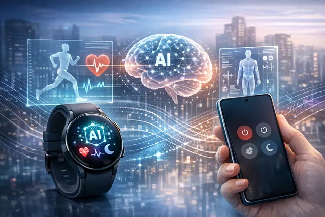 An illustrative concept of a Samsung Galaxy Watch displaying a futuristic AI health interface, highlighting the expected health coaching features of the upcoming One UI 9 Watch bet