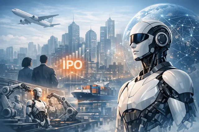 Editorial illustration of a humanoid robot representing Chery-backed AiMOGA Robotics and its global expansion
