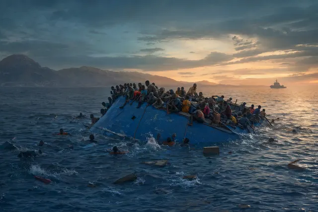AI-generated editorial illustration accompanying coverage of the migrant boat capsize off Djibouti