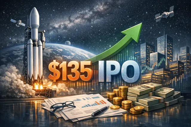 A conceptual illustration of SpaceX's record-breaking IPO, featuring a rocket lifting off from the Nasdaq trading floor with a $135 price marker.