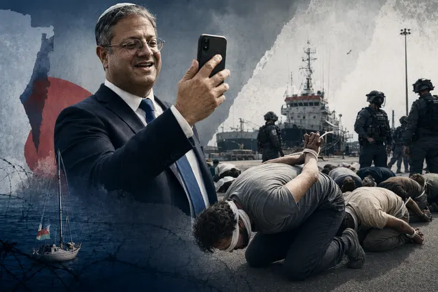 Editorial illustration representing the diplomatic backlash after Israel’s minister posted videos of detained Gaza flotilla activists