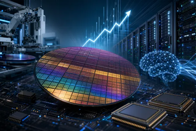 AI chip wafers with an upward stock chart representing TSMC’s 52-week high