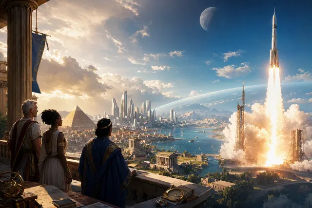 Editorial illustration of Civilization VII: Earthrise, featuring space exploration above Earth