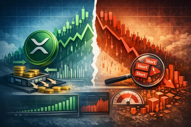 XRP price chart showing divergence between spot accumulation and record short positioning on Binance perpetuals