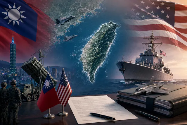 Editorial illustration of Taiwan’s defense budget debate, U.S. arms purchases and air defense planning.