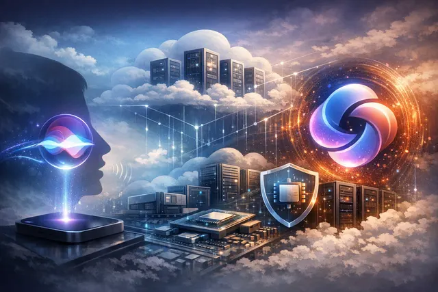 Apple Siri and Google Gemini AI integration concept illustration with privacy and cloud computing motifs