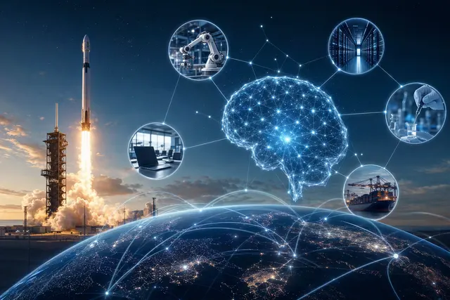 Illustration of an AI network connecting business software and enterprise workflows