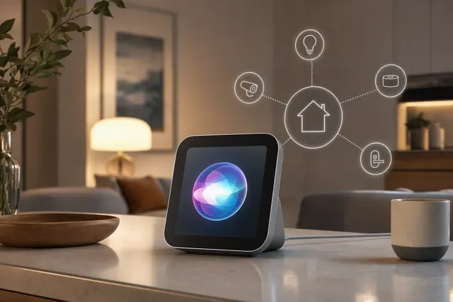 Editorial illustration of Apple’s rumored J490 Siri AI smart home display
