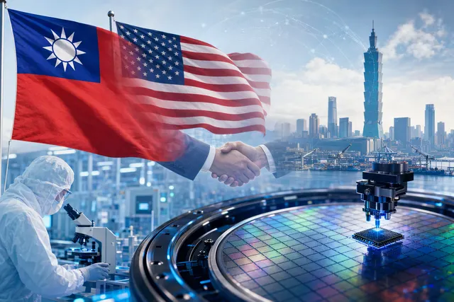 AI-generated editorial illustration representing Taiwan’s planned investment in U.S. semiconductor and AI industries