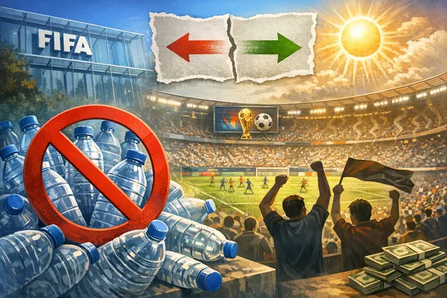 An editorial illustration of a 2026 FIFA World Cup stadium with a crossed-out reusable water bottle and a factory-sealed bottle, symbolizing FIFA's controversial water policy.