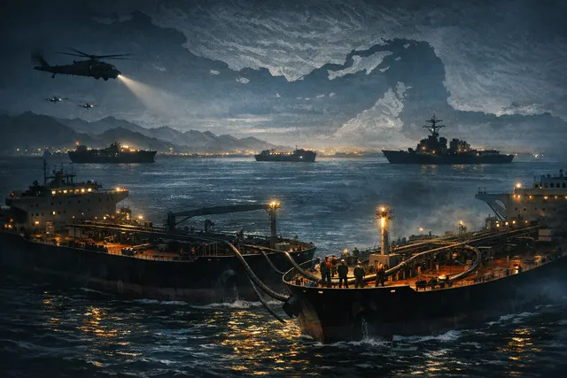 Oil tankers engaged in a ship-to-ship transfer at sea, with a military helicopter patrolling overhead at dusk, illustrating the covert U.S. operation near the Strait of Hormuz.