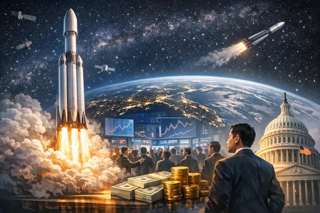 SpaceX IPO market frenzy with NASDAQ ticker symbol SPCX, $135 per share, and Starlink supply chain global map illustration