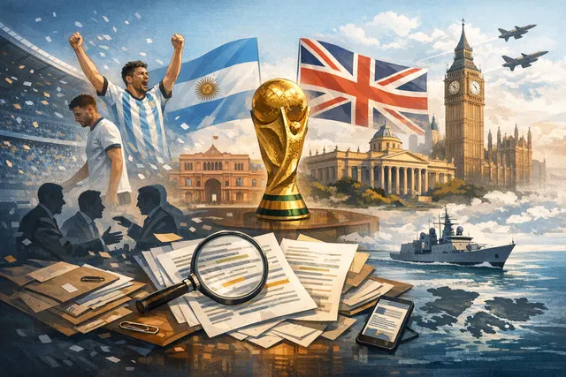 Argentina national football team players holding a banner that reads 'Las Malvinas son Argentinas' during their celebration after winning the 2026 FIFA World Cup semi-final match a