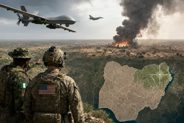 Illustration representing joint U.S. and Nigerian airstrikes targeting ISIS militants in northeastern Nigeria