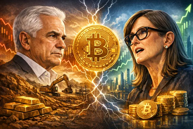 Digital illustration contrasting a shiny gold bar with a pixelated Bitcoin coin, symbolizing the ideological clash between traditional gold advocates and modern cryptocurrency inve