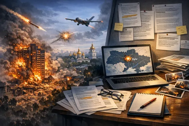 Night skyline of Kyiv illuminated by explosions during a Russian missile and drone attack