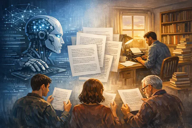 An abstract illustration representing the blurred boundary between human-written and AI-generated fiction, featuring a person reading a book with digital elements and text symbols