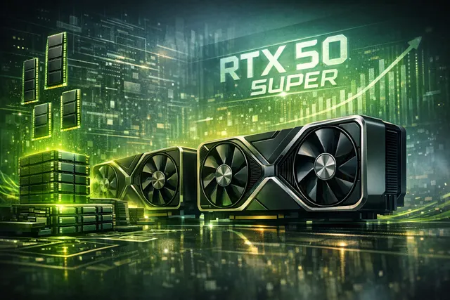 Futuristic representation of an Nvidia RTX 50 Super GPU chip with dynamic blue and green circuitry patterns.