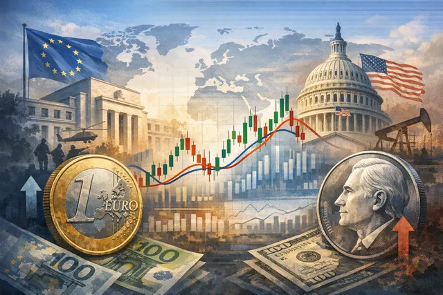 Chart showing EUR/USD exchange rate at 1.1350 with headlines about US-Iran ceasefire collapse, ECB rate hike to 2.25%, and Fed hawkish hold