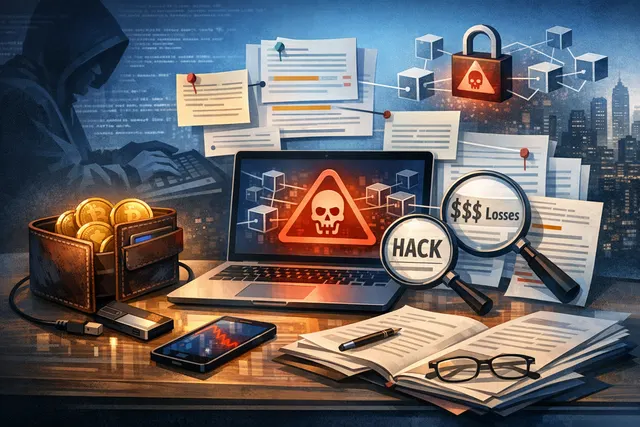 AI-generated concept of a multi-chain crypto wallet hack showing interconnected blockchain networks with a central breach point